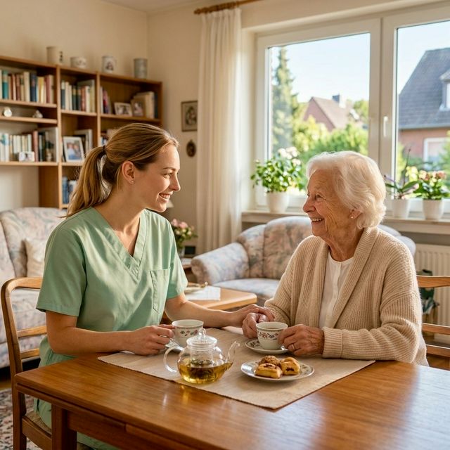 Pflegekraft im Gespräch mit einer Klientin