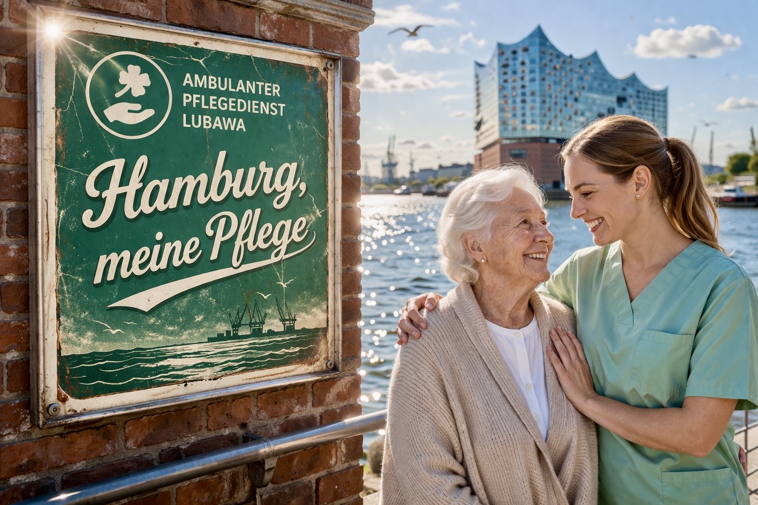 Pflegekraft und Klientin am Hamburger Hafen