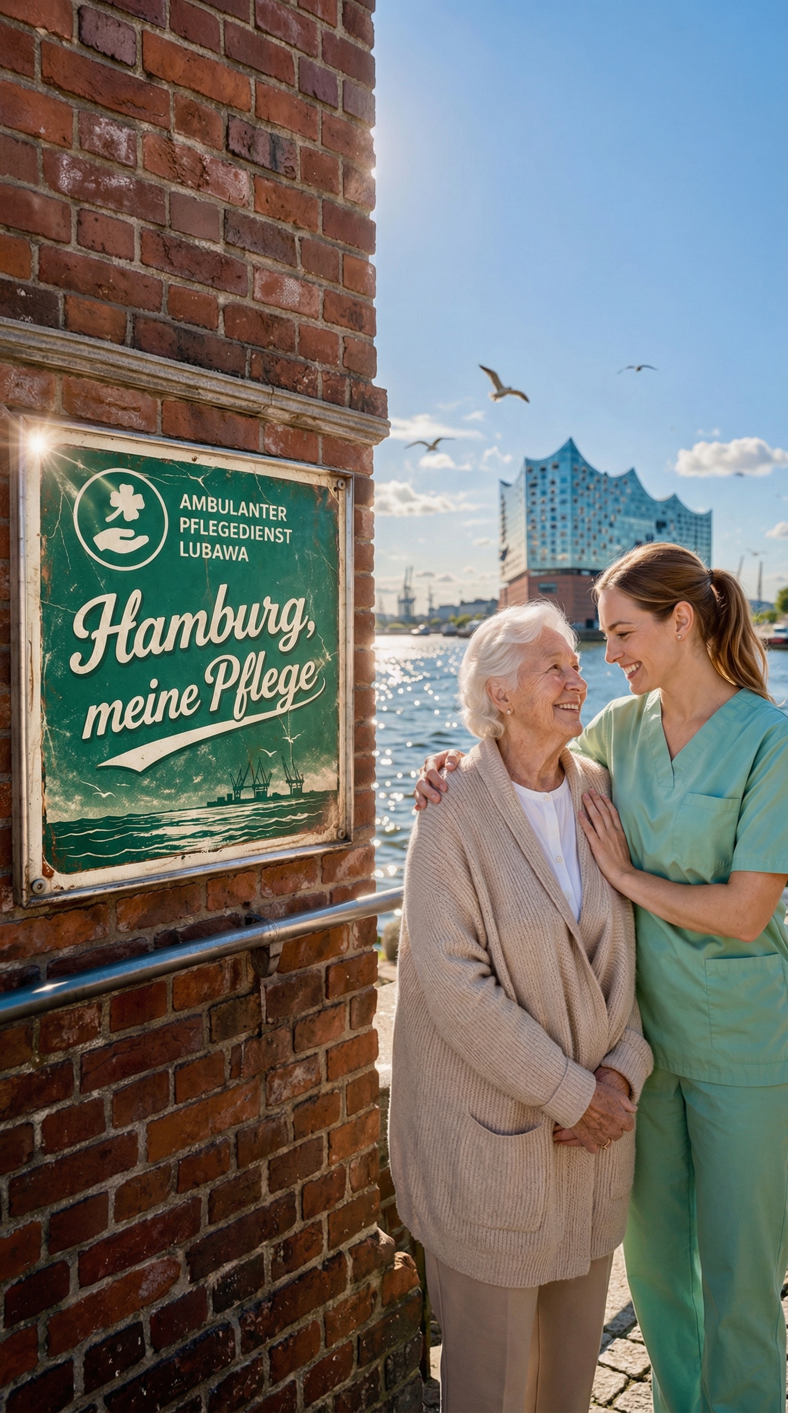Pflegekraft und Klientin am Hamburger Hafen